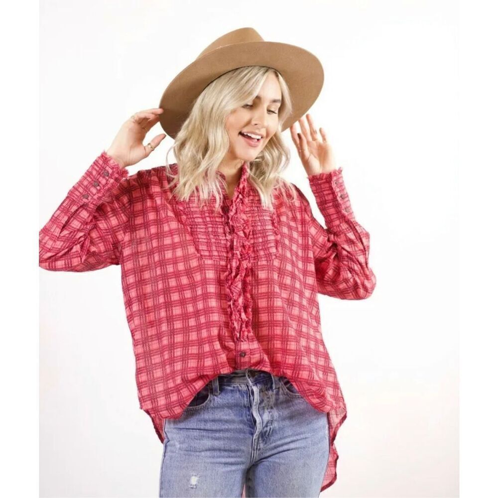 Free People Plaid Miles Tuxedo Shirt Size S in Pink Combo MSRP$128 NWT F20T07506